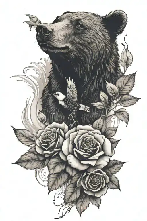 a stream of water with a rose, baby bear, blackbird, and apple tree tattoo design idea