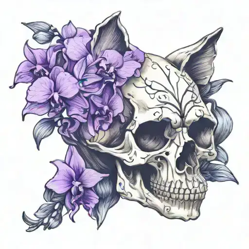 cat skull with purple orchids intertwined tattoo design idea