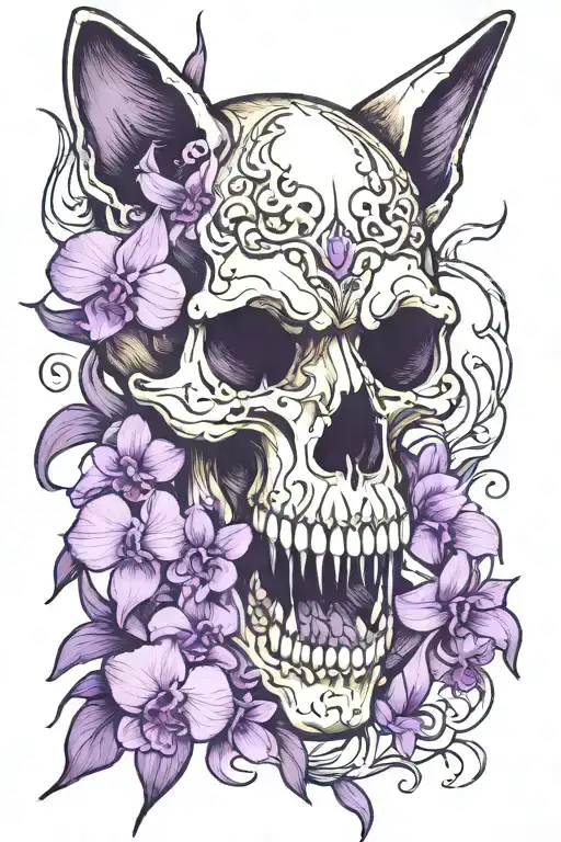 cat skull with purple orchids intertwined tattoo design idea