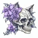 cat skull with purple orchids intertwined tattoo design idea
