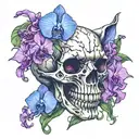 cat skull with purple orchids intertwined tattoo design idea