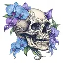 cat skull with purple orchids intertwined tattoo design idea