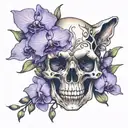cat skull with purple orchids intertwined tattoo design idea