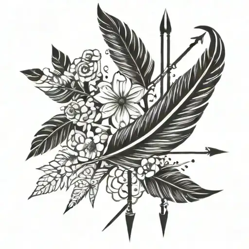 words follow your arrow with an arriw that has feathers and small flowers  tattoo design idea