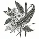 words follow your arrow with an arriw that has feathers and small flowers  tattoo design idea