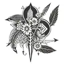 words follow your arrow with an arriw that has feathers and small flowers  tattoo design idea