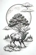 forrest, red deer, boar, moon, clouds tattoo design idea