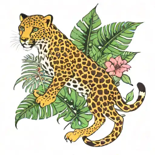 monstera and cheetah running tattoo design idea