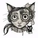 Coraline, if they had put buttons in her eyes.  her friend wybie in shock and the cat eating a mouse with button eyes. t tattoo design idea