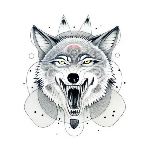 A wolf howling at a full moon with a guitar made of bones tattoo design idea