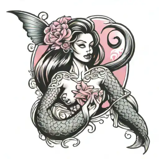 mermaid and breast cancer ribbon tattoo design idea