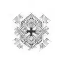 A sinner cross made up of intricate geometric shapes and patterns tattoo design idea