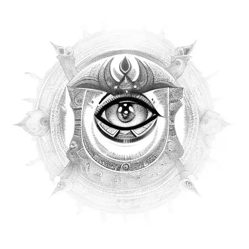 A detailed tattoo of  Lordess Kaali with her third eye open, surrounded by symbols of Hindu mythology and epic scenes tattoo design idea