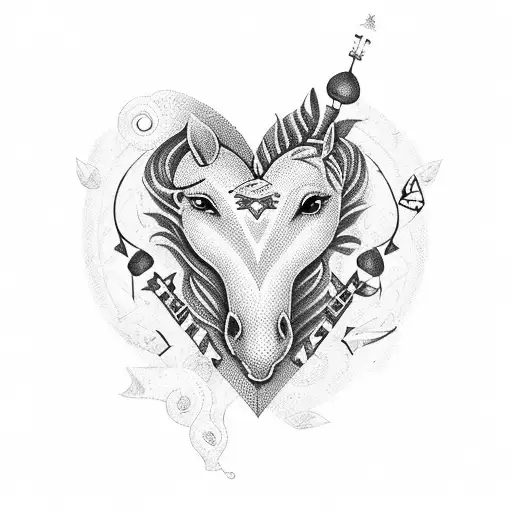 k ♾️ k in a tribal style heart with horses and music notes and nature vibes tattoo design idea