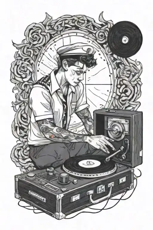 A hauntingly beautiful portrait of a sailor listening to emo music on a record player, with hawthorn heights lyrics incorporated into the design tattoo design idea