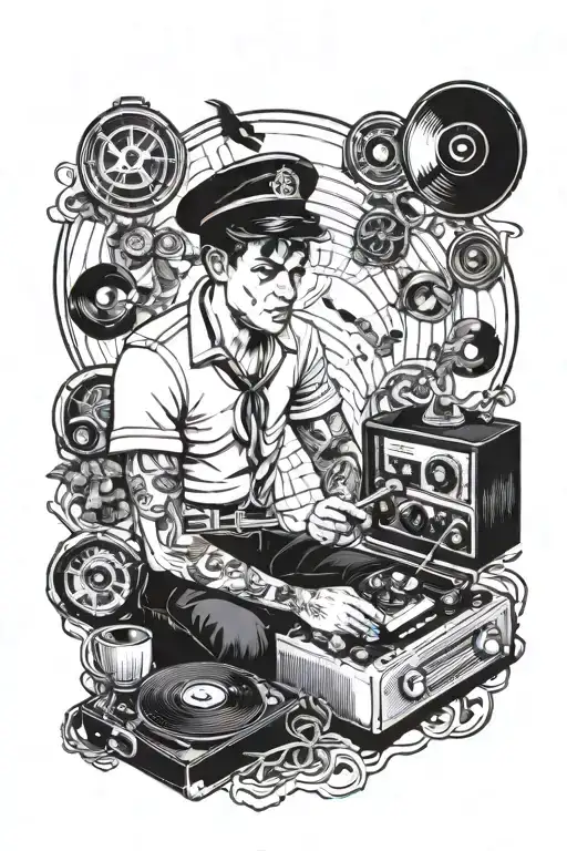 A hauntingly beautiful portrait of a sailor listening to emo music on a record player, with hawthorn heights lyrics incorporated into the design tattoo design idea