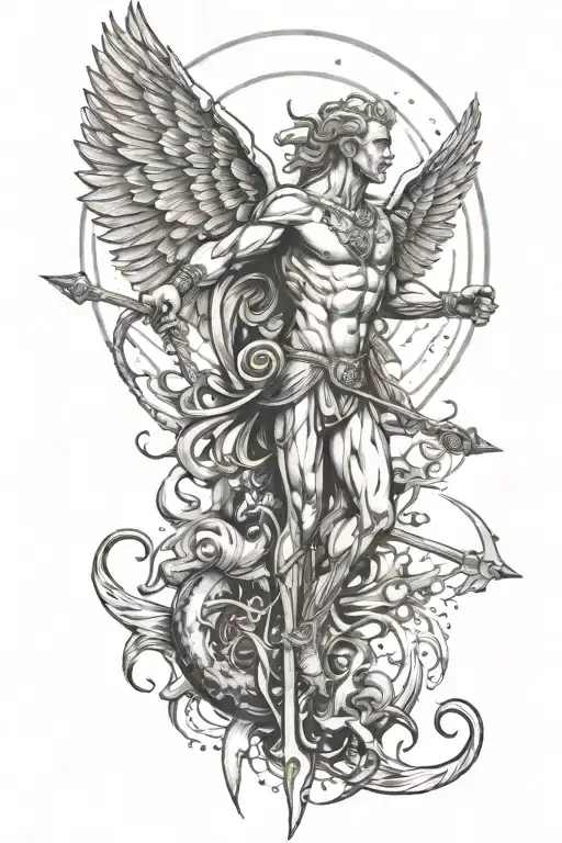 muscular sagittarius with wings and planet jupiter in background tattoo design idea