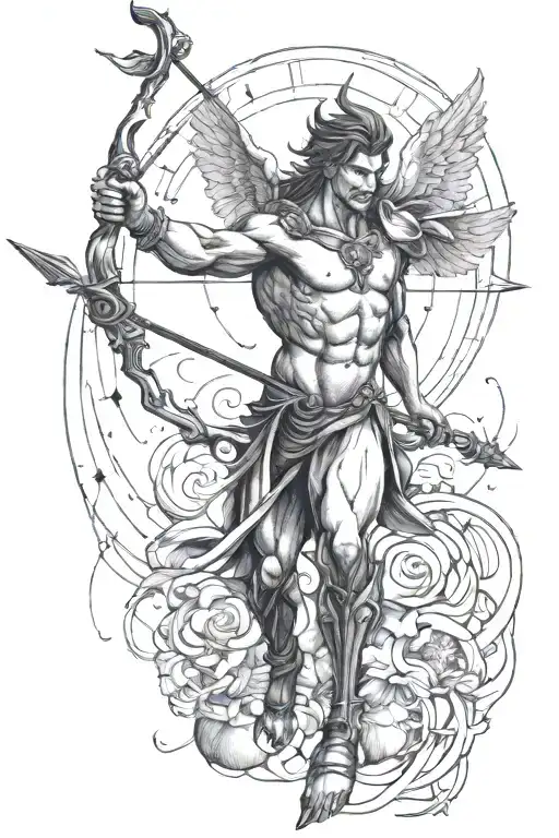 muscular sagittarius with wings holding an arrow and a big Jupiter planet in background tattoo design idea