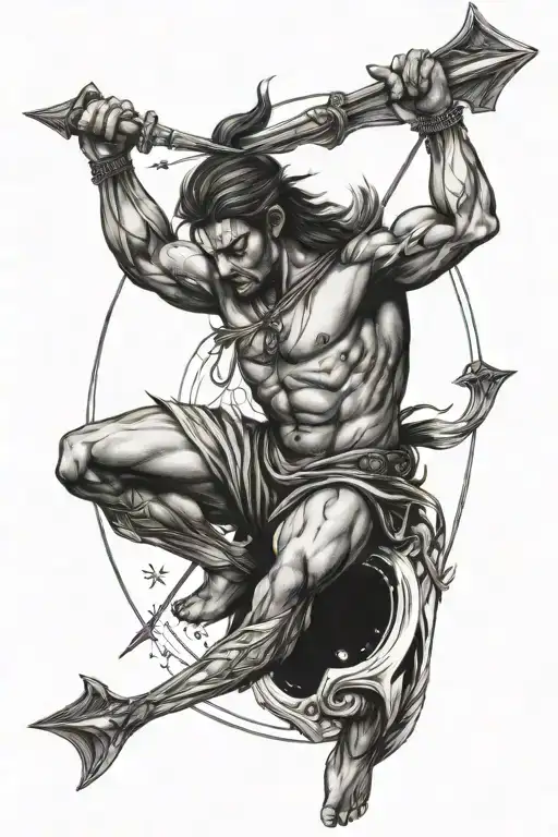 sagittarius with muscular body with arrow and planet jupiter in background tattoo design idea