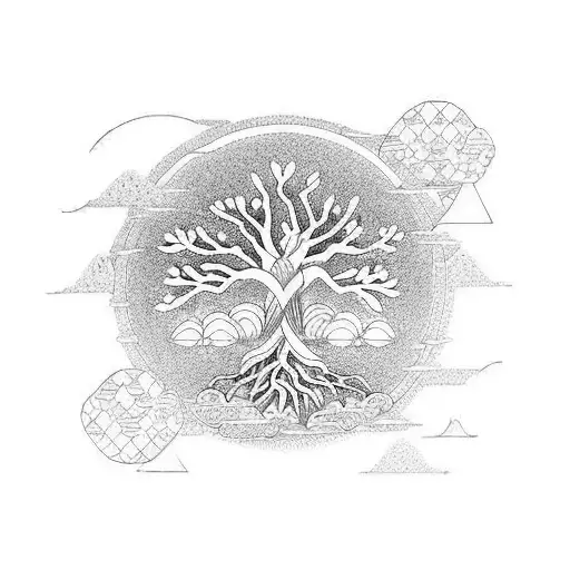 Japanese theme with Tree of life. no animals or birds to be included tattoo design idea