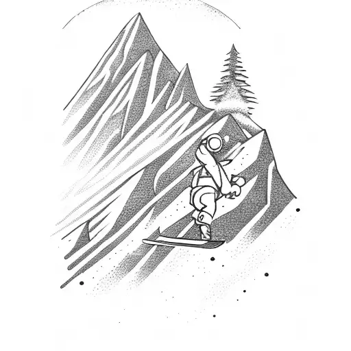 A skier gracefully descending a mountain slope with an anchor incorporated into the background tattoo design idea