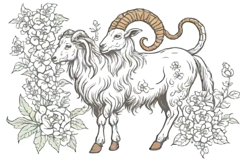 Capricorn goat and flowers   tattoo design idea