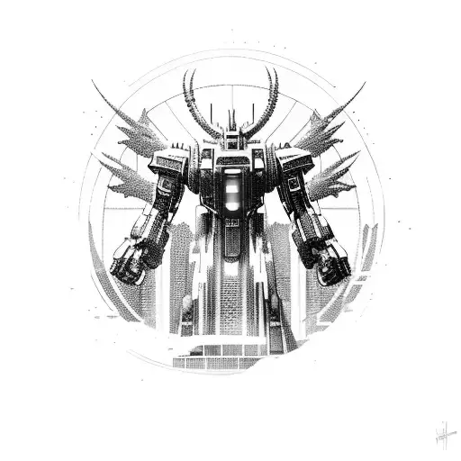 A futuristic cyberpunk cityscape with a giant Gundam mech towering over it, battling against alien invaders tattoo design idea