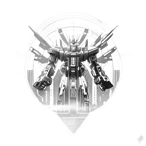 A futuristic cyberpunk cityscape with a giant Gundam mech towering over it, battling against alien invaders tattoo design idea