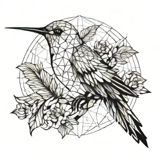 geometric humming bird perched tattoo design idea