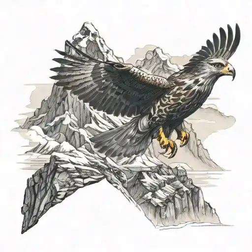 A majestic mountain range with a hidden falcon soaring above it tattoo design idea