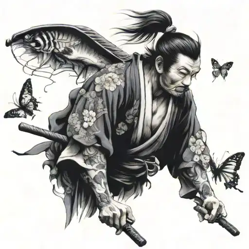 Japanese samurai in a constant struggle with himself and butterflies tattoo design idea