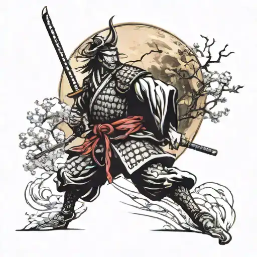 Samurai in a constant struggle with himself and the moon tattoo design idea