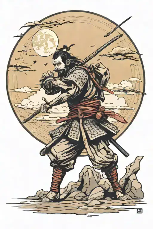 Samurai in a constant struggle with himself and the moon tattoo design idea