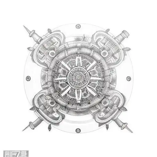 A traditional tattoo of a ship's wheel surrounded by mechanical cogs tattoo design idea