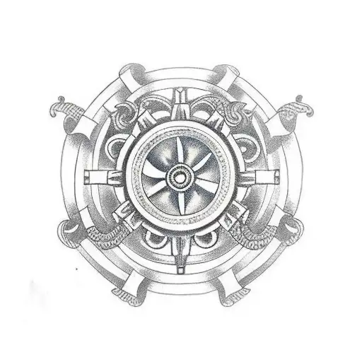 A traditional tattoo of a ship's wheel surrounded by mechanical cogs tattoo design idea
