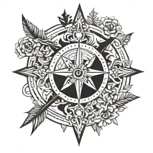 classic floral compass with an arrow piercing it tattoo design idea