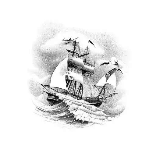 A majestic sailing ship navigating through stormy seas surrounded by birds in flight tattoo design idea