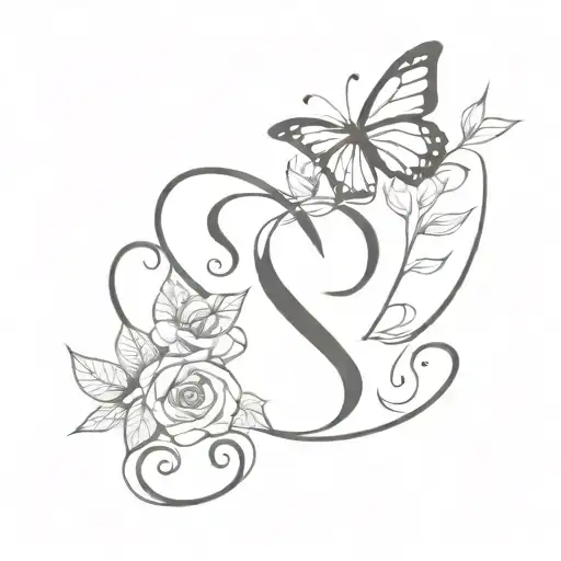 butterfly with S letter combination and rose with leaves and heart tattoo design idea