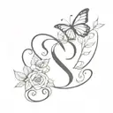 butterfly with S letter combination and rose with leaves and heart tattoo design idea