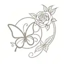 butterfly with S letter combination and rose with leaves and heart tattoo design idea