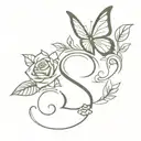 butterfly with S letter combination and rose with leaves and heart tattoo design idea