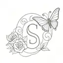 butterfly with S letter combination and rose with leaves and heart tattoo design idea