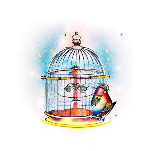 bird cage with open door, no birds tattoo design idea