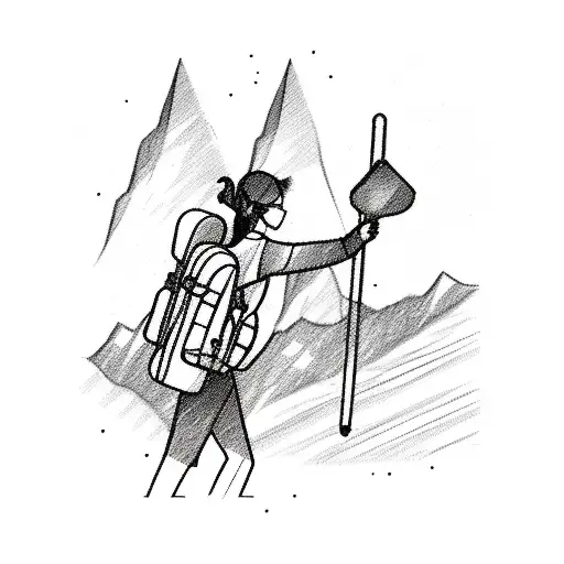 A sketch-style silhouette of a nurse hiking up a mountain, showcasing the client's occupation and passion tattoo design idea