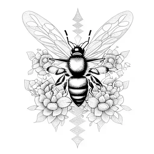 An intricate design of a bee wielding a sword made of flowers tattoo design idea