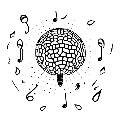 disco ball brain with music notes and butterflies tattoo design idea