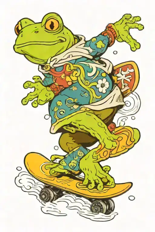 A whimsical frog snowboarding down a Montreal street tattoo design idea