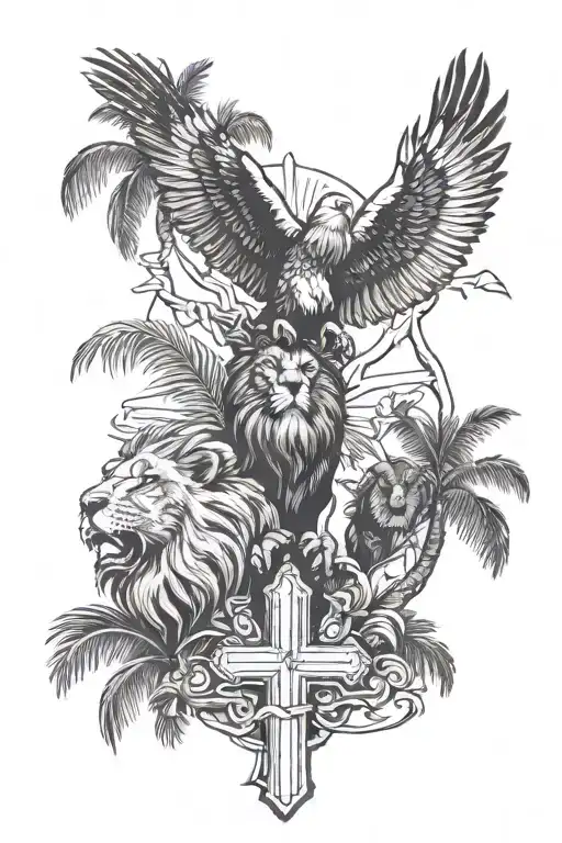 lion, cross, eagle, palm tree, Hawaii  tattoo design idea