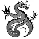 jasmin flower blossoms wrapped around a minimalistic japanese dragon tattoo design idea