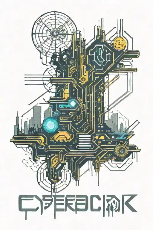 A cyberpunk-inspired tattoo featuring a futuristic cityscape with neon lights and advanced technology intertwined with post-hardcore elements like music notes or band logos tattoo design idea
